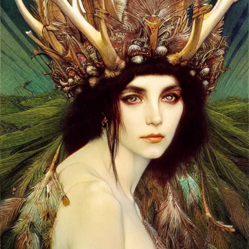 Prompt: a detailed portrait of a green haired brown eyed queen of feathers with an antler crown by wayne barlowe and mucha