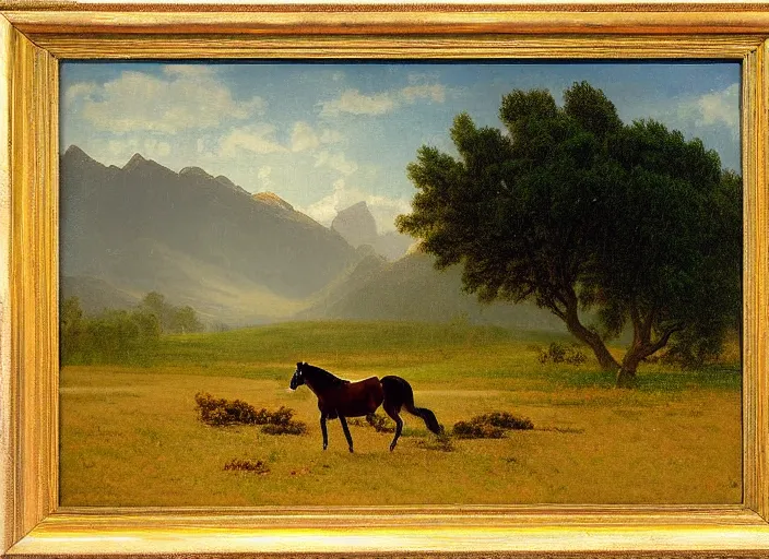 Image similar to painting of a horse on a field in front of beautiful mountains by albert bierstadt