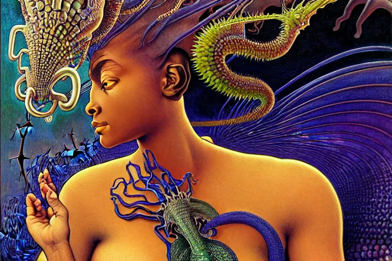 Image similar to realistic extremely detailed closeup portrait painting of a beautiful black woman wearing futuristic dress, mutant dragon on background by Jean Delville, Amano, Yves Tanguy, Alphonse Mucha, Ernst Haeckel, Edward Robert Hughes, Roger Dean, rich moody colours