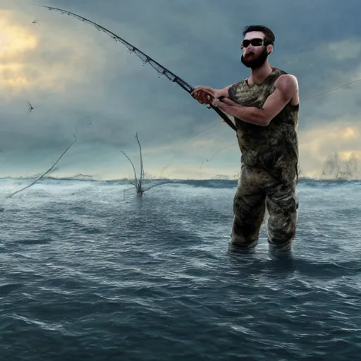 Image similar to Gigachad fishing in the apocolypse, HD, 4k image