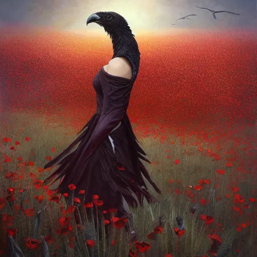 Prompt: a 3d matte painting of a feathered raven in a field of poppies by gerald brom, ellen jewett and aly fell, beautiful detail, dark academia, maroon highlights, gothic, neo-gothic, octane render, trending on artstation