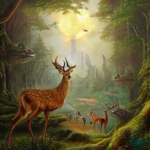 Image similar to a detailed fantasy painting of a deer in a forest looking at a robot city, by lauri blank, artgerm, evelyn de morgan, 8K, 50mm lens