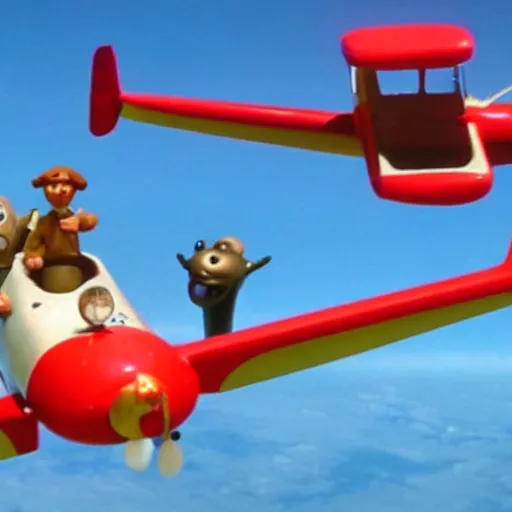 Prompt: Wallace and Gromit flying a plane