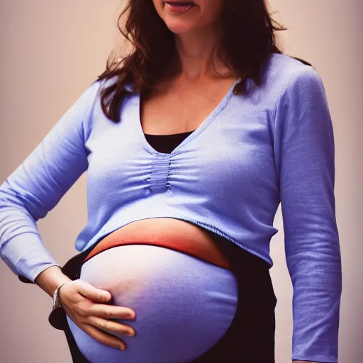Image similar to photo of a pregnant vladimir putin, hands on pregnant tummy, wearing a crop top, zeiss 1 5 0 mm