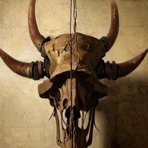 Prompt: weathered steampunk symmetrical bull skull at the center, old fabric, ropes. painting by rembrandt and greg rutkowski c 1 4. 7