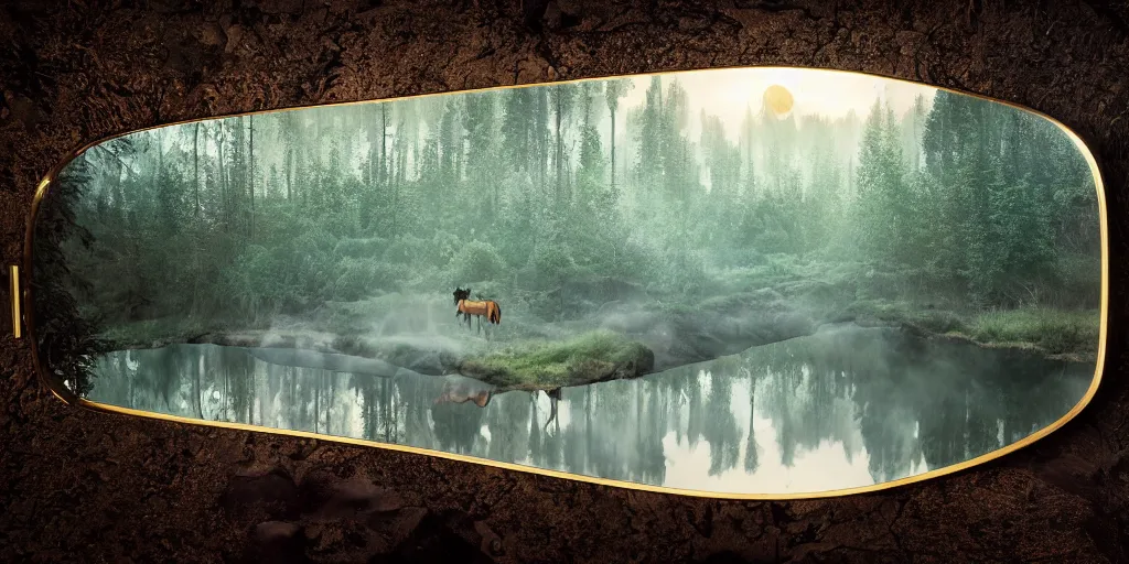 Prompt: a mirror with the shape of a horse drinking in a lava river, in the middle of a forest, in the moonlight, night realism, 4 k, octane render, award winning photograph