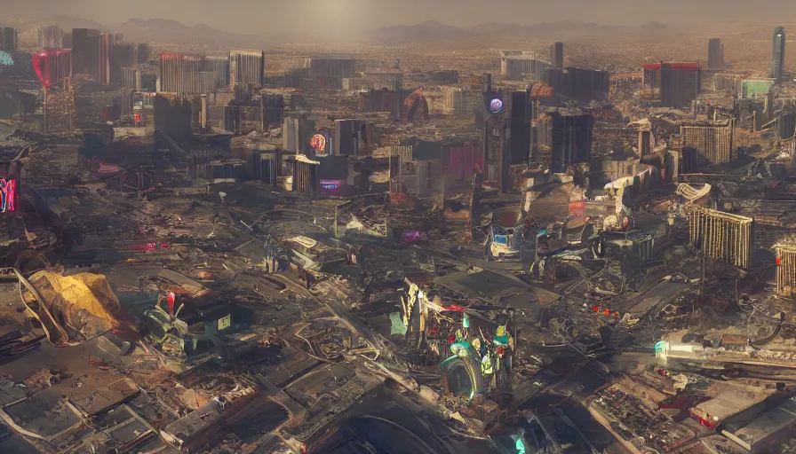 Prompt: Cinematic view of damaged Las Vegas after the fall of a giant robot, hyperdetailed, artstation, cgsociety, 8k