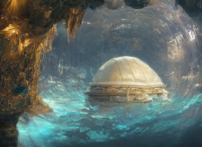 Image similar to masterpiece artwork of a underwater dome inside the ocean, au naturel, hyper detailed, digital art, trending in artstation, cinematic lighting, studio quality, smooth render, unreal engine 5 rendered, octane rendered, art style by klimt and nixeu and ian sprigger and wlop and krenz cushart