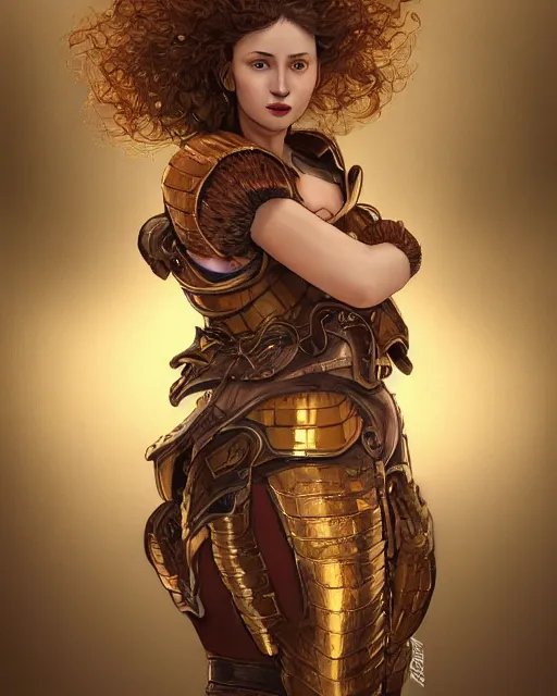 Image similar to Hyper realistic portrait of a strong female fighter with beautiful curly shiny copper hair and broad shoulders, she is from Troy and wears a golden armor, high contrast, artwork in the style of Alphones Mucha and Takumi Nagayasu and Dan Dos Santos, trending on artstation