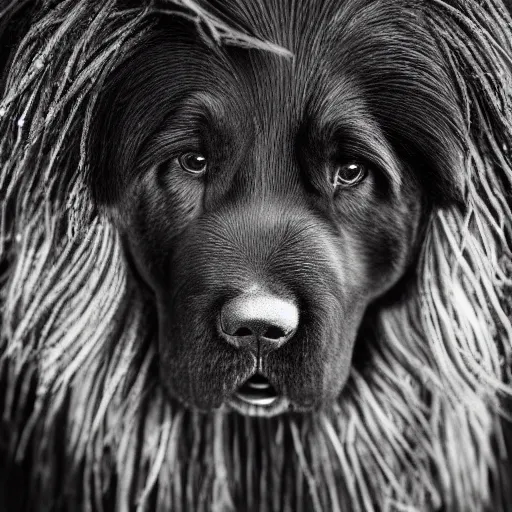 Prompt: Award Winning reportage Black Tibetan Mastiff dogs around Full-body Portrait of a Early-medieval weathered native Chinaman in the rain with incredible hair and beautiful eyes wearing animal furs and traditional garb by Lee Jeffries, 85mm ND 4, perfect lighting, gelatin silver process