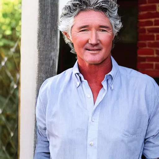 Prompt: patrick duffy with very long length straight grey hair wearing a white shirt