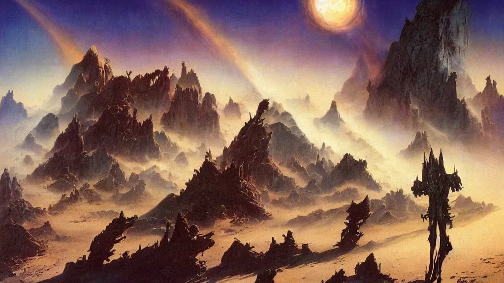 Image similar to journey to the end of the universe by frank frazetta and bruce pennington, cinematic matte painting