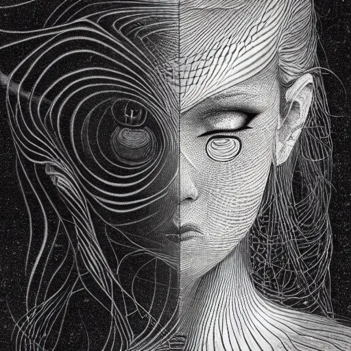 Image similar to holographic interface painted in alex grey and cameron gray style drawn by takato yamamoto, inspired by ooioo, intricate 3 d sculpture, black and white, 3 d, high detail, sharp high detail, artstation, octane