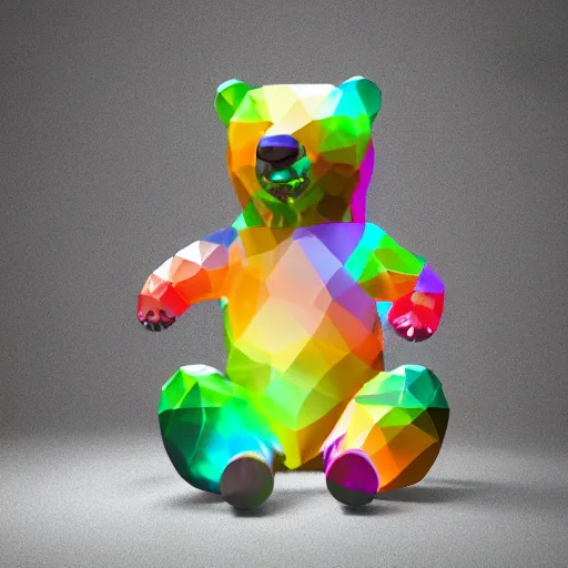 Prompt: multicolored crystal bear statue, magical, light background, 8 k, unreal engine, octane render, hyperrealistic, rim light