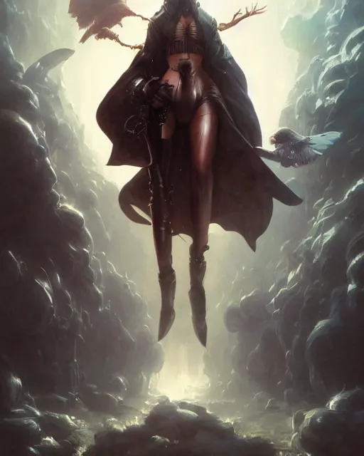 Image similar to beautiful fantasy character portrait, natalie portman, wearing oversized black trench coat, ultra realistic, wide angle, dramatic lighting, vultures, cyberpunk artifacts, highly detailed by peter mohrbacher, hajime sorayama, wayne barlowe, boris vallejo, aaron horkey, gaston bussiere, craig mullins