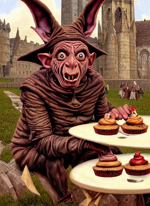 Image similar to portrait of a medieval goblin eating cakes in the cloisters, beautiful face, hyper realistic, highly detailed digital painting by earl norem, artstation illustration co