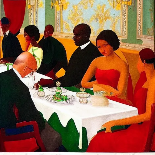 Image similar to president muhammadu buhari sitted at a lavish banquet with shiny trays and dishes with food minimalist solid background the great feast regal ornamental, iridescent in the style of edward hooper and henri matisse oil painting