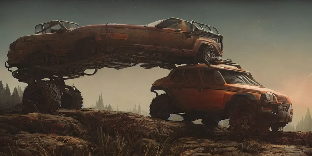 Image similar to a beautiful concept offroad suv, an epic fantasy, dramatic lighting, cinematic, establishing shot, extremely high detail, photorealistic, cinematic lighting, artstation, by simon stalenhag, horizon forbidden west