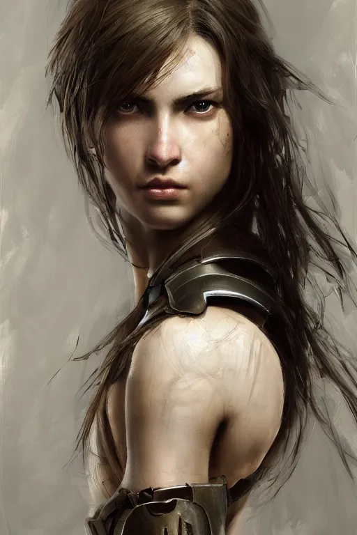 Image similar to a photorealistic painting of an attractive young girl, partially clothed in battle armor, olive skin, long dark hair, beautiful bone structure, symmetrical facial features, perfect eyes, intricate and elegant, digital painting, concept art, illustration, sharp focus, minimal artifacts, from Metal Gear, in the style of Ruan Jia and Mandy Jurgens, by Greg Rutkowski, trending on Artstation, award winning