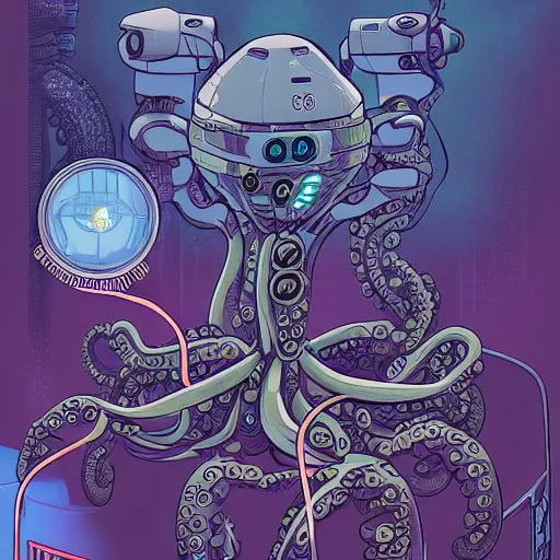 Image similar to robotic Octopus in an airlock, Industrial Scifi, detailed illustration, character portrait, by Martin Grip and Moebius