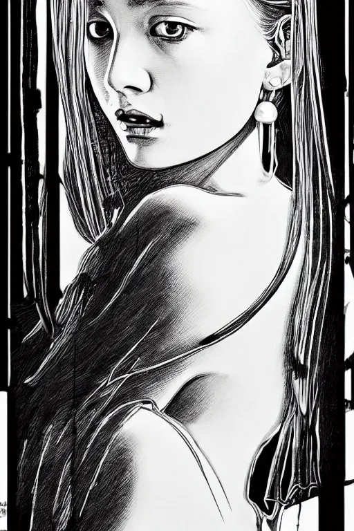 Image similar to beautiful portrait of a woman, negative no not the girl with a pearl earring, highly detailed ink illustration of a narrow neon lit tokyo alley, b & w clean shaped illustration by kim jung gi, ric estrada, ron english and eiichiro oda