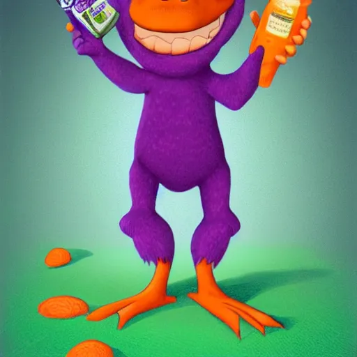 Image similar to fullbody!! barney the dinosaur from the kid's show holding a broken bottle, absurdist, hyperrealistic, digital art