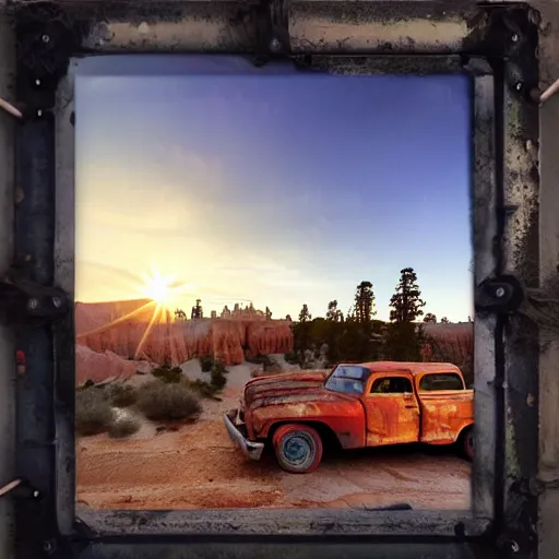 Prompt: sunset light landscape with bryce canyon, lots of sparkling details and sun ray ’ s, blinding backlight, smoke, volumetric lighting, colorful, octane, 3 5 mm, abandoned gas station, old rusty pickup - truck, beautiful epic colored reflections, very colorful heavenly, softlight