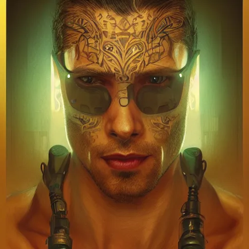 Image similar to portrait of a man with face tattoos, sci - fi, cyberpunk, blade runner, glowing lights, tech, biotech, techwear, intricate, elegant, highly detailed, digital painting, artstation, concept art, smooth, sharp focus, illustration, art by artgerm and greg rutkowski and alphonse mucha