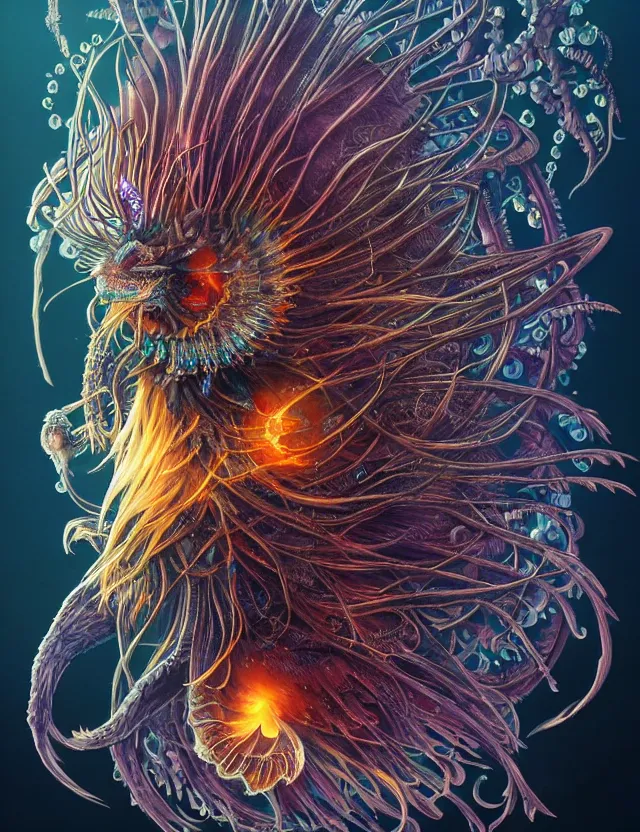 Image similar to witch phoenix macro close - up portrait with crown made of ram skull. phoenix, betta fish, jellyfish, bioluminiscent, plasma, ice, water, wind, creature, super intricate ornaments artwork by tooth wu and wlop and beeple and greg rutkowski