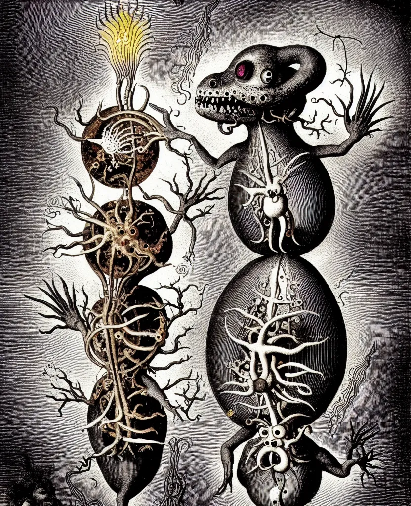 Image similar to whimsical freaky creature sings a unique canto about'as above so below'being ignited by the spirit of haeckel and robert fludd, breakthrough is iminent, glory be to the magic within