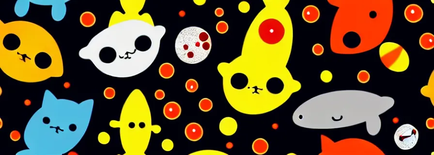 Prompt: pattern with cats in astronaut suits and fish figures, mild colors, black background, blood drops splashed on canvas