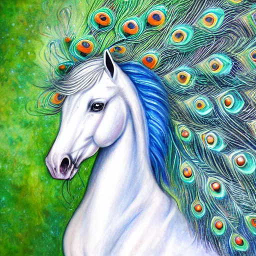 Prompt: beautiful white horse with peacock feather mane and peacock tail detailed painting in the style of josephine wall 4 k