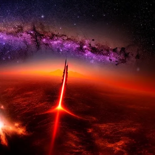 Image similar to Twin Towers between towers is a distant Golden Gate Bridge, glowing black hole in the night sky in front of the Milky Way, red-hooded magicians casting purple colored spells towards the towers, white glowing souls flying out of the towers to the black hole in the style of The Lord of the Rings