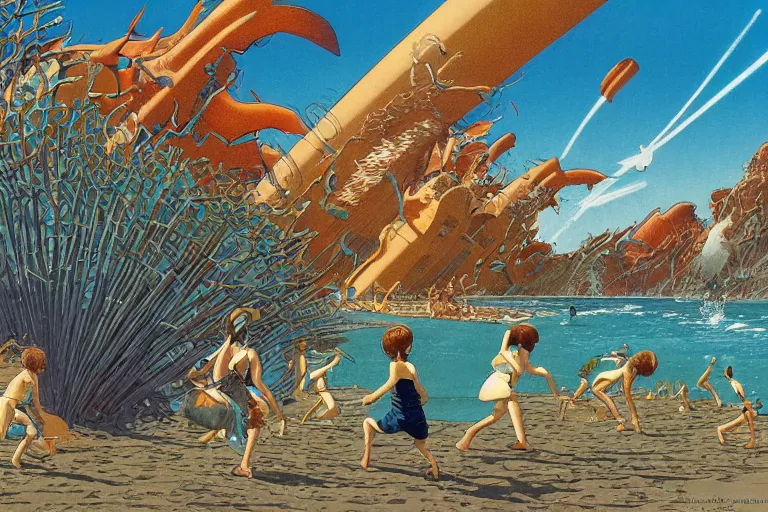 Prompt: most blues, evangelionic illustration, children playing at the beach, atomic explosion, a lot of exotic vegetation, oldschool vintage sci - fi flat surreal design, super - detailed, oil painting by moebius and satoshi kon, hd, 4 k, high quality