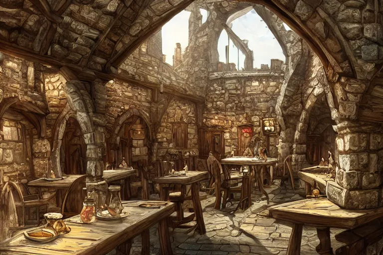 Image similar to A medieval tavern viewed from the inside, texture, intricate, details, highly detailed, masterpiece, architecture, building, trending on artstation, focus, sharp focus, concept art, digital painting, fantasy, sunny, day, midday