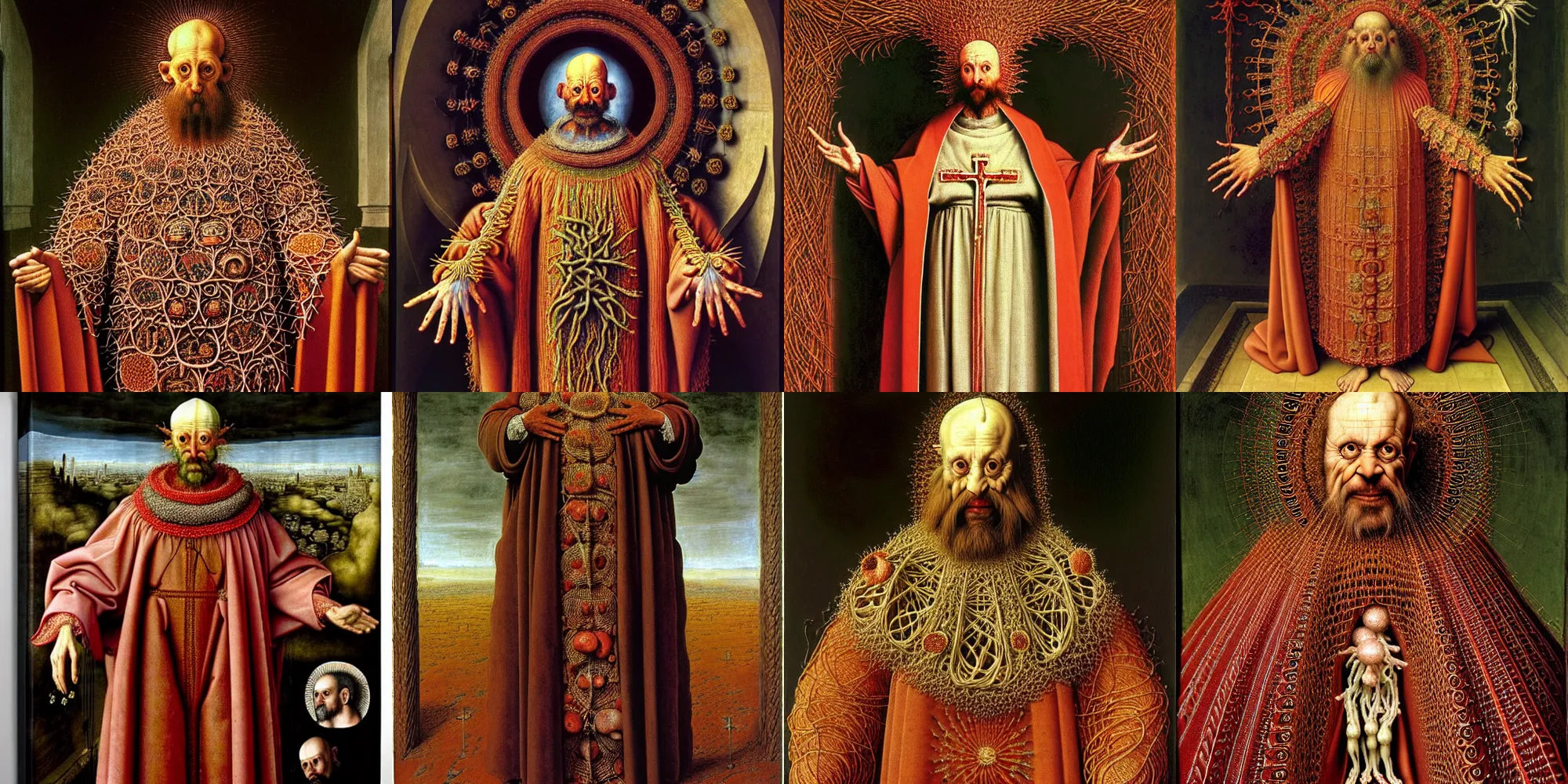 Prompt: full body image of a catholic priest wearing a robe made of spagetthi fractals, baptism, highly detailed, by giuseppe arcimboldo and ambrosius benson, renaissance, romanticism, intricate and intense oil paint, a touch of beksinski, realistic