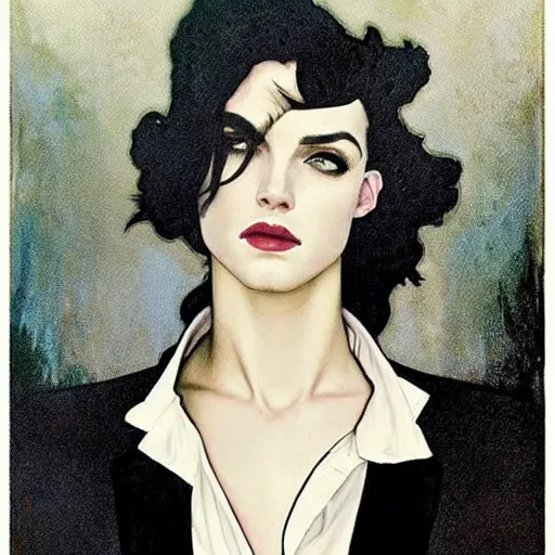 Image similar to beautiful portrait of androgynous ruby rose as desire from sandman in a white tuxedo!!!, rockabilly style,, by alphonse mucha, by jeremy mann, by peter lindbergh, dave mckean, by frank moth, by cedric peyravernay, white suit and black tie, soft lightning, high detailed, 8 k