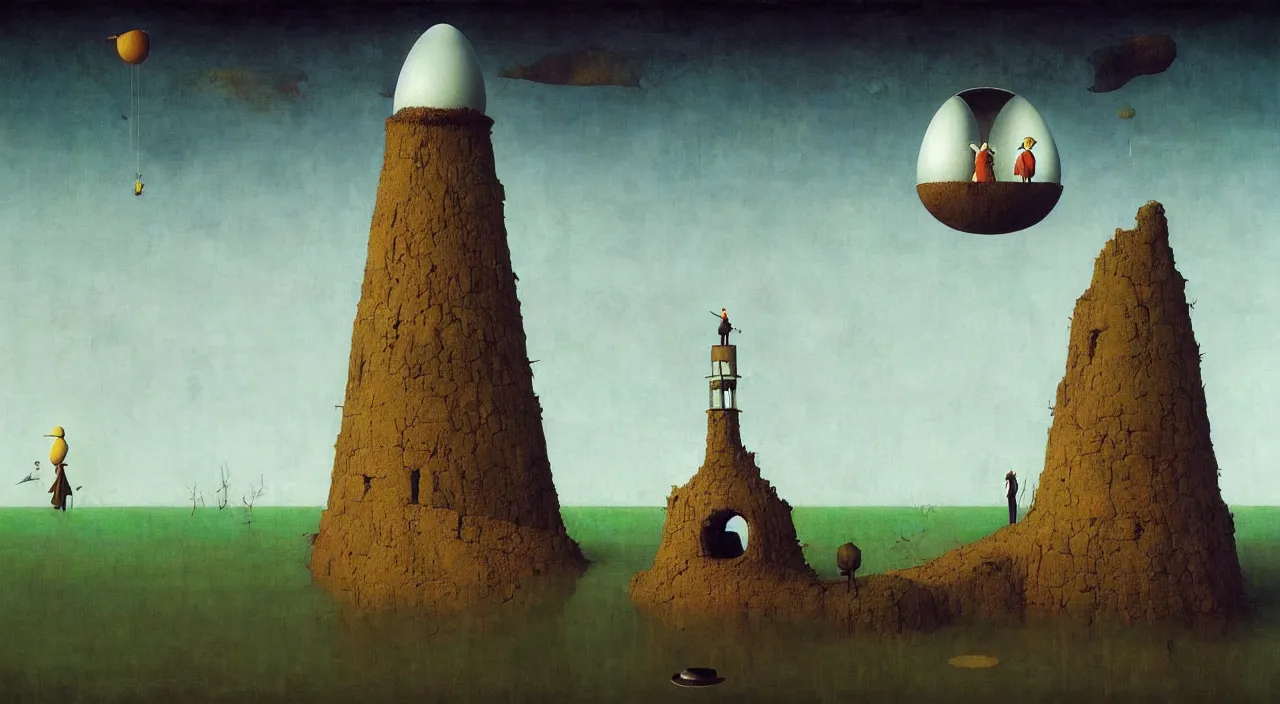 Image similar to single flooded simple!! egg tower, very coherent and colorful high contrast masterpiece by norman rockwell franz sedlacek hieronymus bosch dean ellis simon stalenhag rene magritte gediminas pranckevicius, dark shadows, sunny day, hard lighting