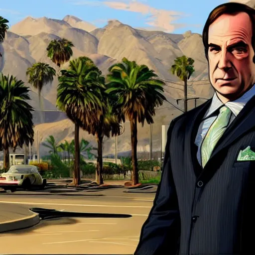 Image similar to Saul Goodman in GTA V . Los Santos in the background, palm trees. In the art style of Stephen Bliss.