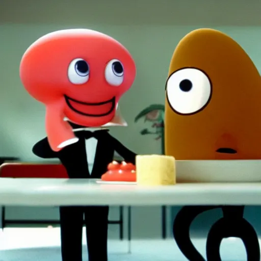 Prompt: film still of an anthropomorphic squid who is the boss of a restaurant, greeting an anthropomorphic sponge man who is a cook in the kitchen