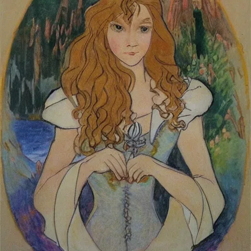 Prompt: The Swan Princess with hermione granger face, drawn by Mikhail Vrubel