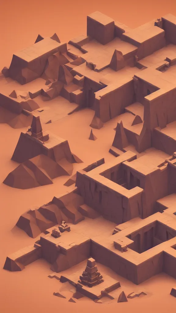 Prompt: matte 3 d low poly scene of a desert temple, lat lighting, isometric perspective on tropical beach background, soft shadows, 3 d render, monument valley, fez game,