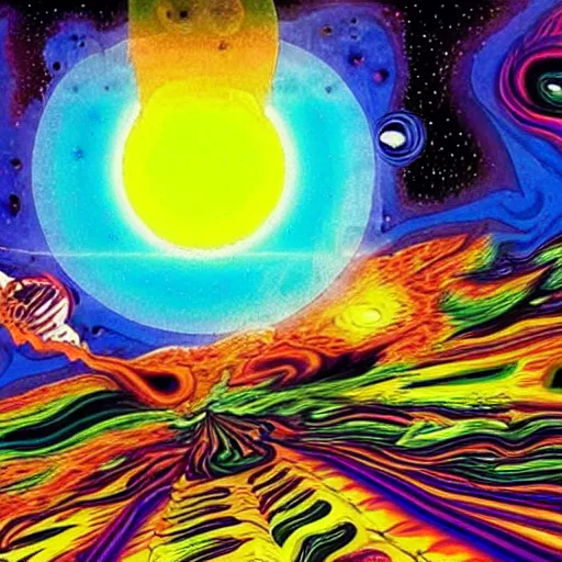 Prompt: psychedelic trippy couch on fire in outer space with moon and jupiter