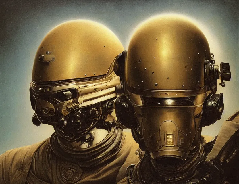 Prompt: a detailed portrait painting of a lone bounty hunter a flight suit and a reflective visor. Lasers coming from the eyes. Head and chest only. Movie scene, cinematic sci-fi scene. Flight suit. Futurism by beksinski carl spitzweg moebius and tuomas korpi. baroque elements. baroque element. intricate artwork by caravaggio. Oil painting. Trending on artstation. 8k