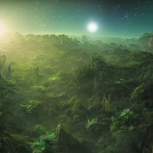 Prompt: twin stars above an alien jungle landscape