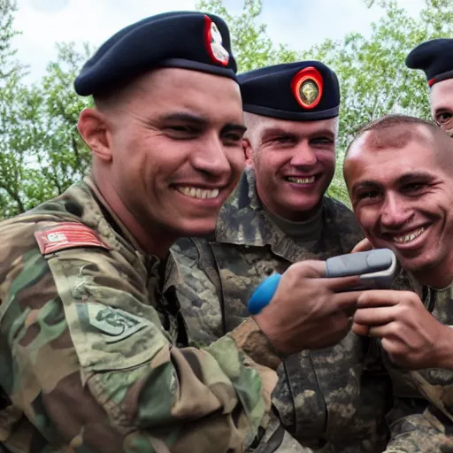 Image similar to a soldier takes a selfie with tribesmen.