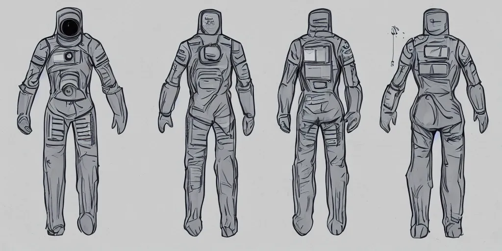 Prompt: male, space suit, character sheet, concept art, stylized, large shoulders, large torso, long thin legs, exaggerated proportions, concept design