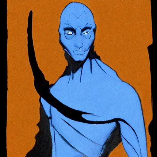 Prompt: painting of due to living on arrakis, the typical fremen appeared as a sinewy human with leathery tanned skin. these effects were less pronounced on those fremen who live in cities such as arrakeen. in addition, fremen eyes were colored entirely blue ( eyes of ibad ), due to their excessive ingestion of the spice melange