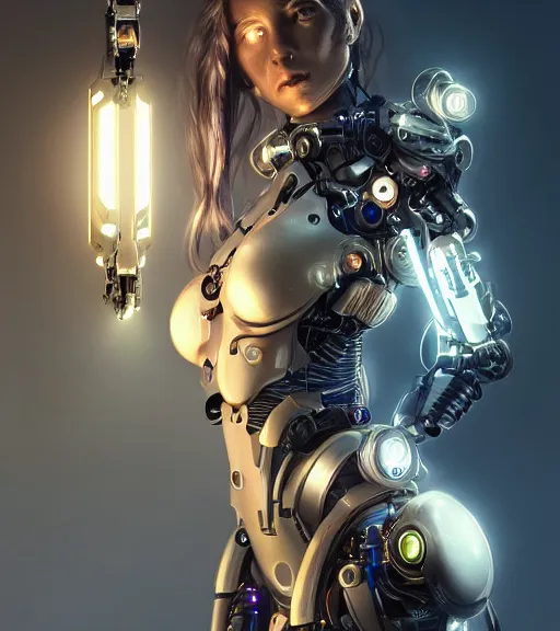 Image similar to ultra realistic full shot of a beautiful cyborg girl with mechanical arms, cyberpunk, sci - fi, fantasy, kodak, colour led, soft light, volumetric lighting, night, intricate, elegant, highly detailed, digital painting, artstation, concept art, smooth, sharp focus, illustration, art by artgerm and greg rutkowski and alphonse mucha