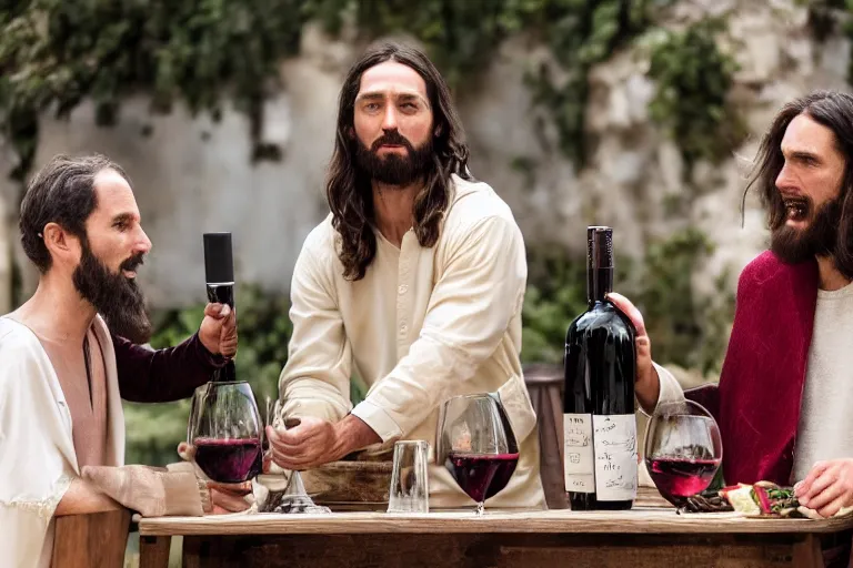 Image similar to The moment Jesus Christ made wine from water, caught on camera, candid photo, ultra secret, Canon tele lenses,